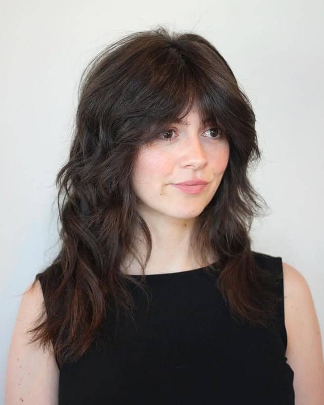 14. Dark Chocolate Wavy Shag with Feathered Fringe - Shaggy Haircut