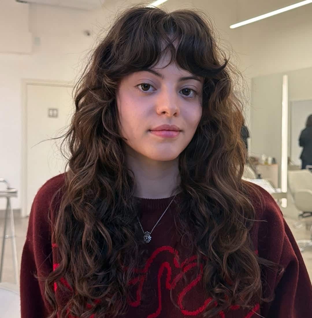19. Dark Chestnut Brown Curly Shag with Curtain Fringe - Shaggy Haircut