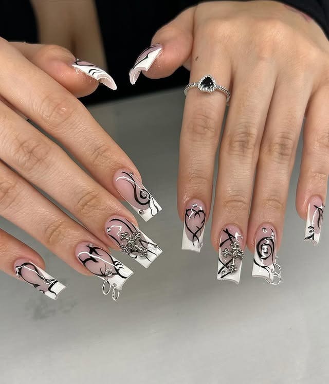 1. Black and White Swirl Cross Square Nails - cross nail ideas