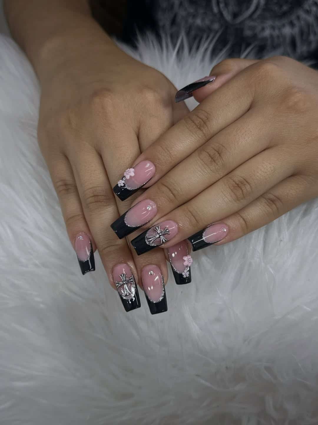 2. Black French Tip Cross Nails with Pink Floral Accents - cross nail ideas