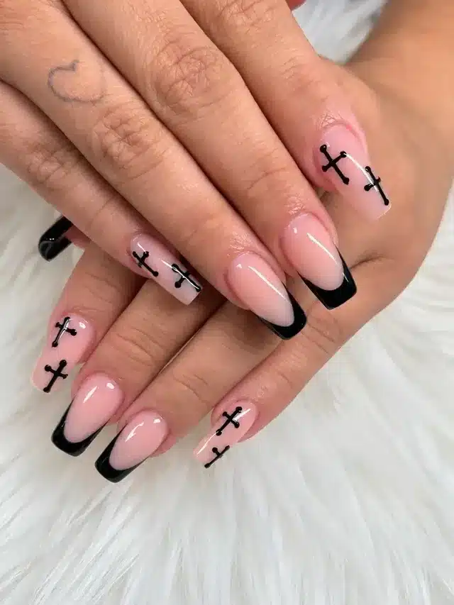 5. Black French Tip Nails with Simple Cross Designs - cross nail ideas