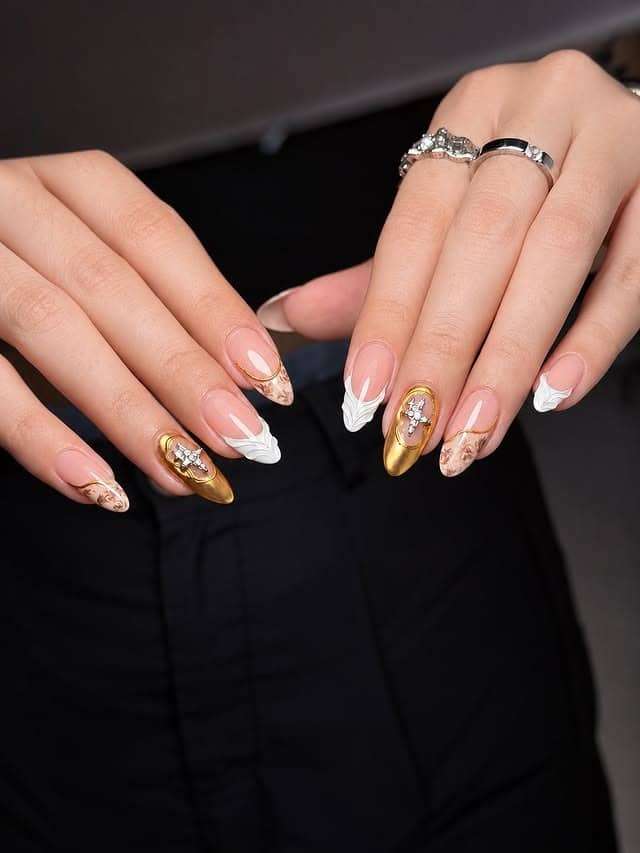 8. Gold Chrome Cross Nails with White Floral French Tips - cross nail ideas