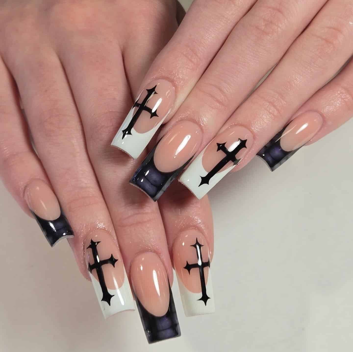 11. Black and White Gothic Cross Square Nails - cross nail ideas