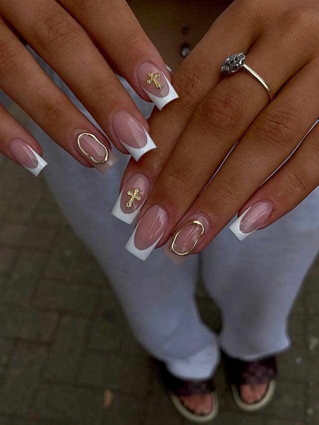 21. White French Tip Square Nails with Gold Cross Charms - cross nail ideas