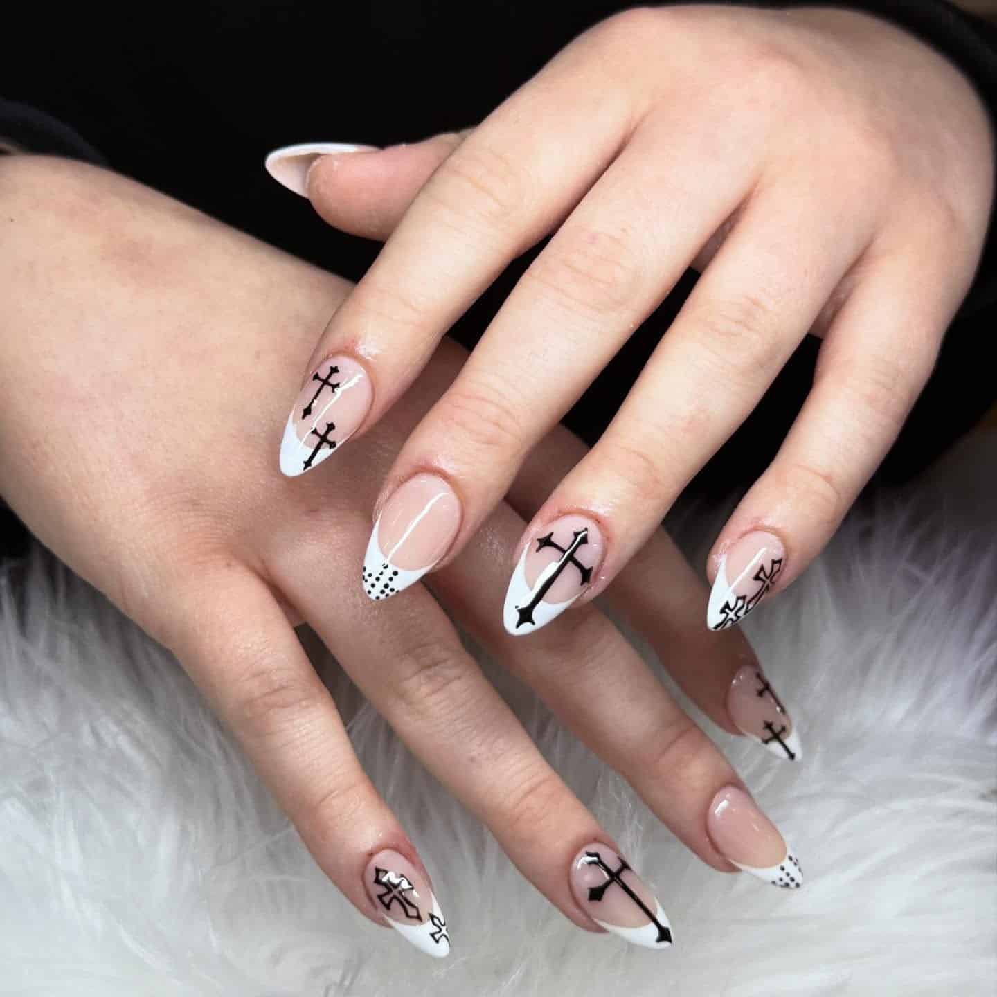 22. Black Cross Almond Nails with White French Tips - cross nail ideas