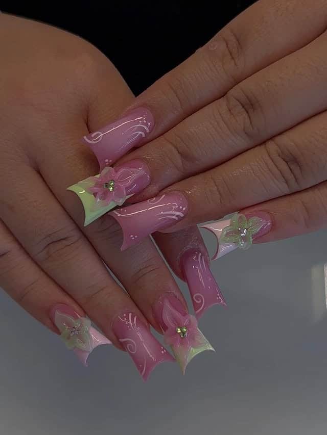 3. Pastel Pink and Green 3D Floral Duck Nails - duck nail ideas
