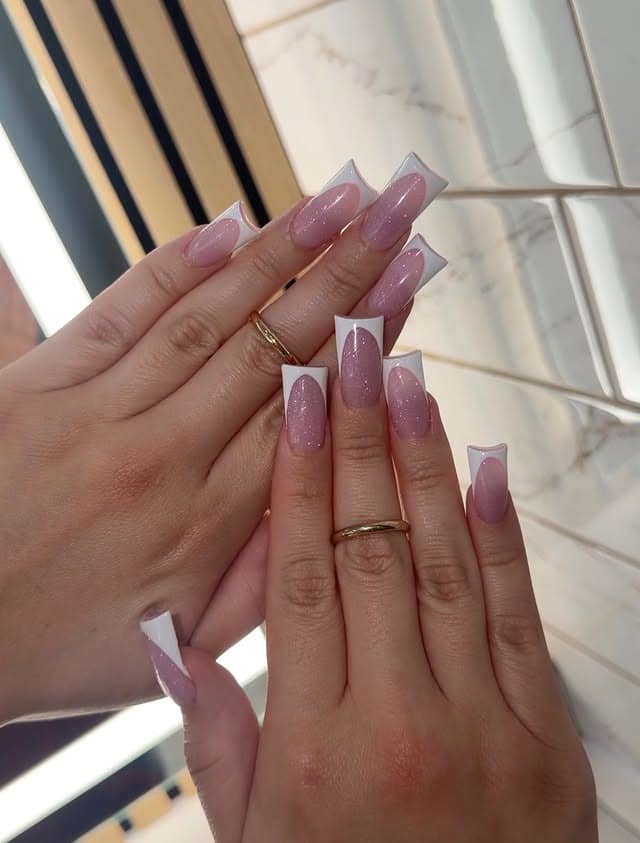 5. Shimmery Pink and White French Duck Nails - duck nail ideas