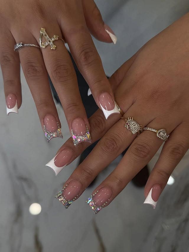 6. Nude Pink and White Rhinestone Duck Nails - duck nail ideas