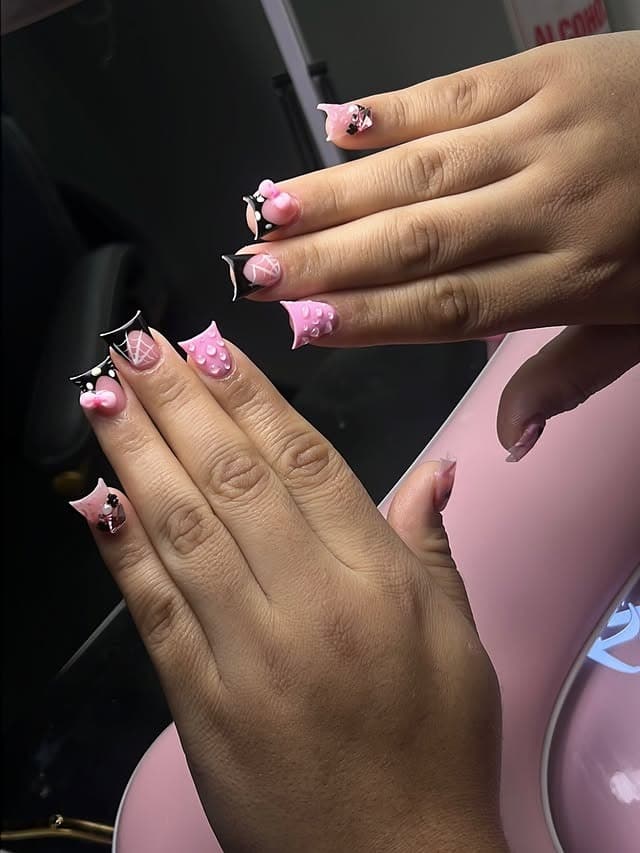 7. Pink and Black Kawaii Duck Nails with 3D Details - duck nail ideas