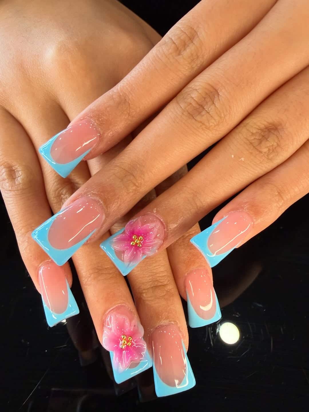 8. Nude Pink and Sky Blue Floral Duck Nails - duck nail ideas