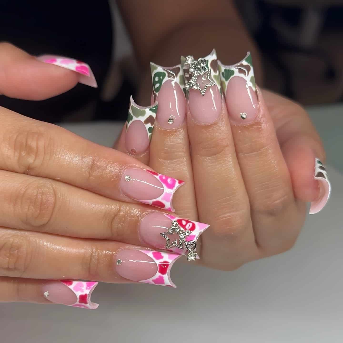 9. Pink and Green Camouflage Duck Nails with Silver Charms - duck nail ideas