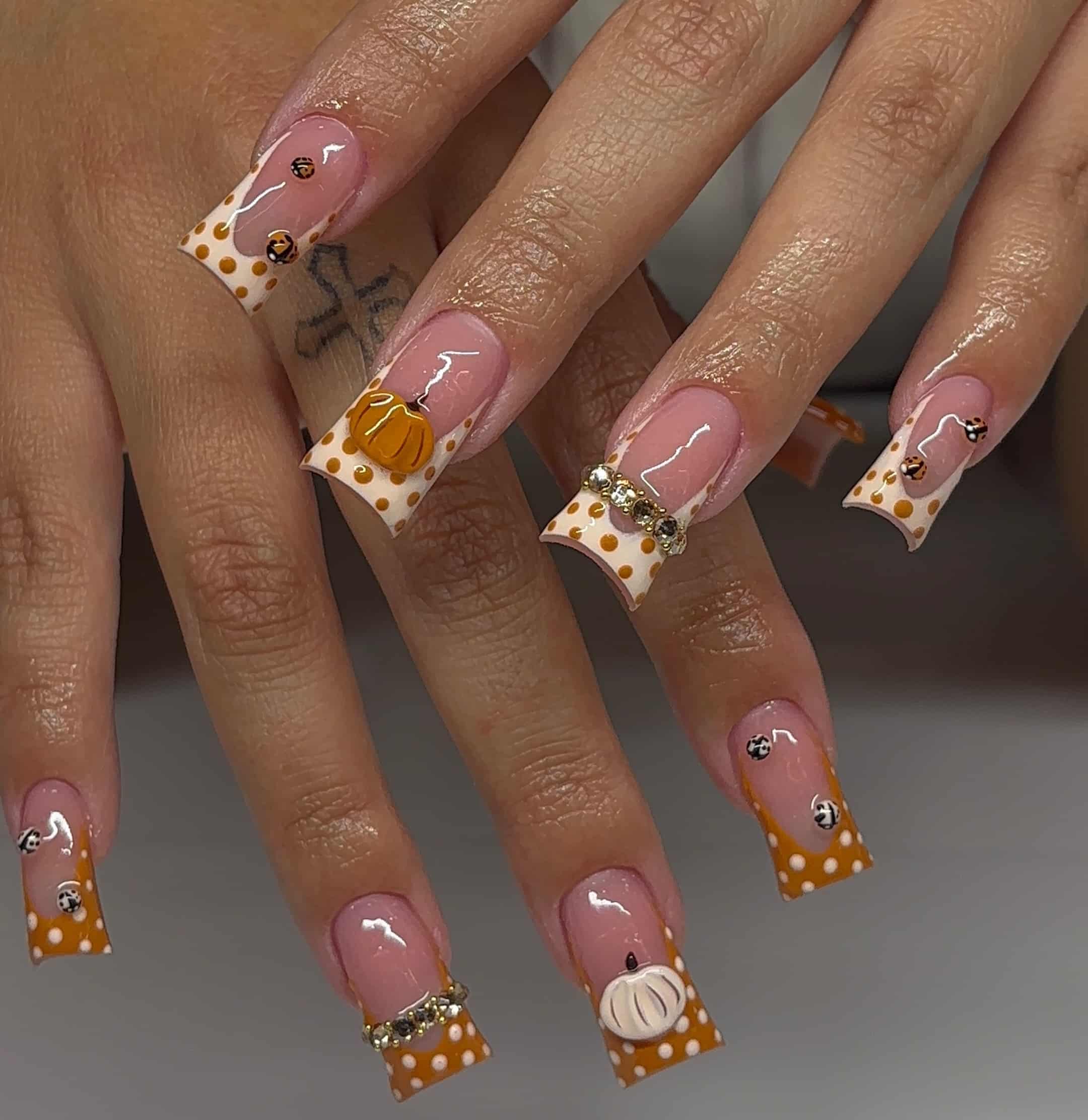 12. Orange and White Pumpkin Duck Nails - duck nail ideas