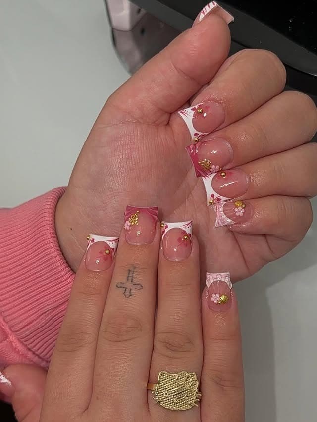 14. Pink and White Floral Duck Nails with Gold Accents - duck nail ideas
