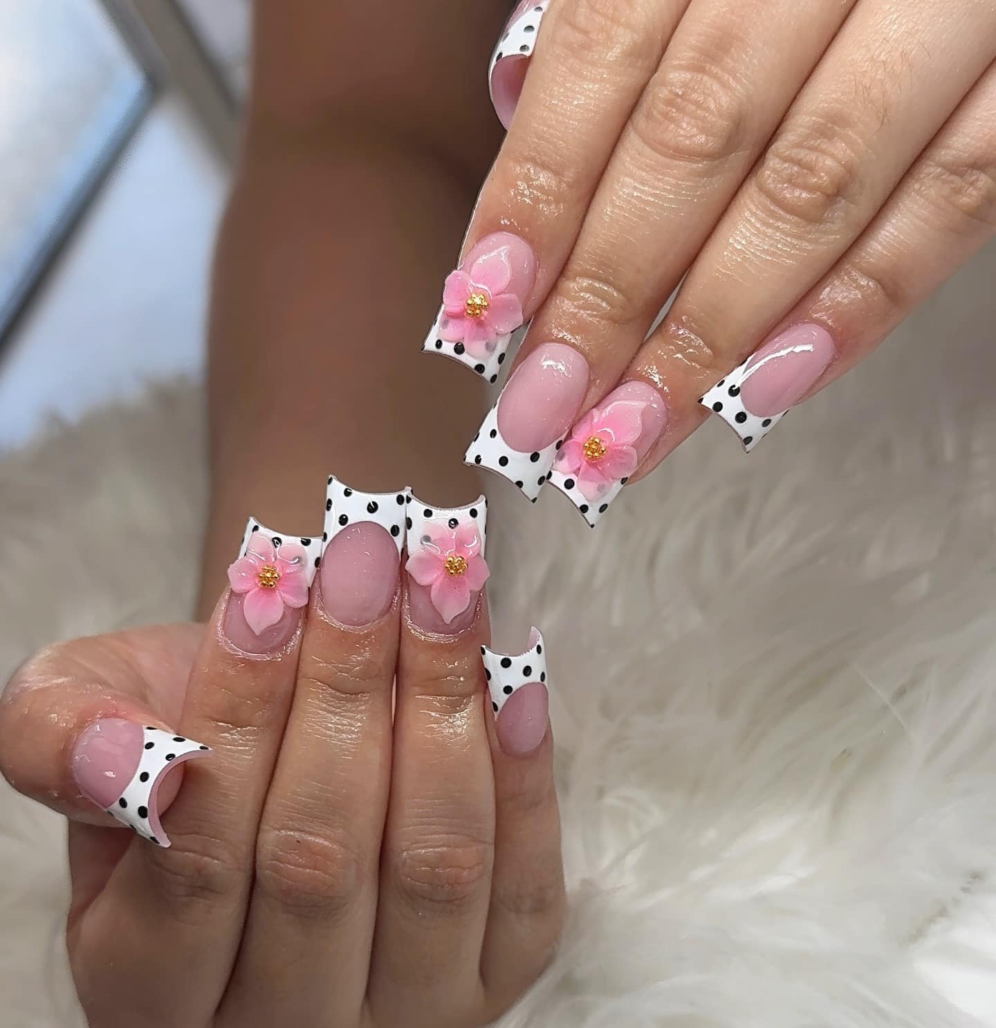 15. Pink and White Polka Dot Duck Nails with 3D Flowers - duck nail ideas