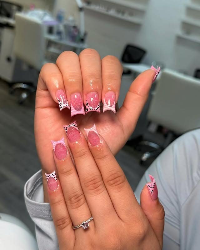 17. Glittery Pink and Black Spotted Duck Nails - duck nail ideas