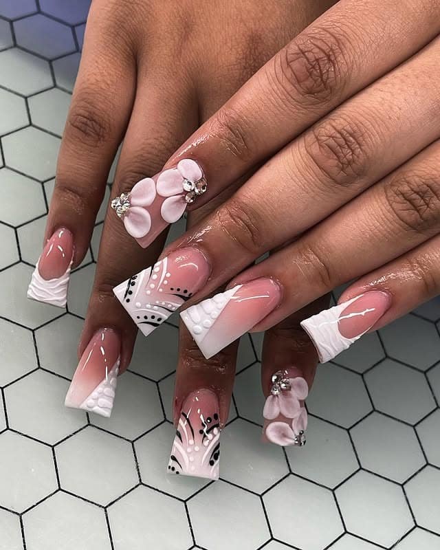 19. Soft Pink and White Textured Floral Duck Nails - duck nail ideas