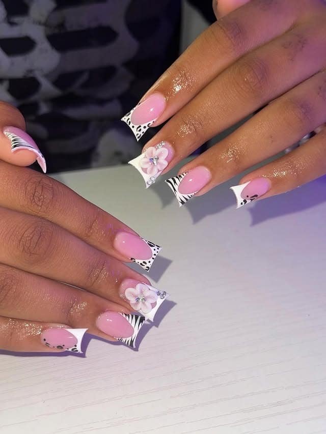 20. Pink and White Zebra Print Floral Duck Nails - duck nail ideas