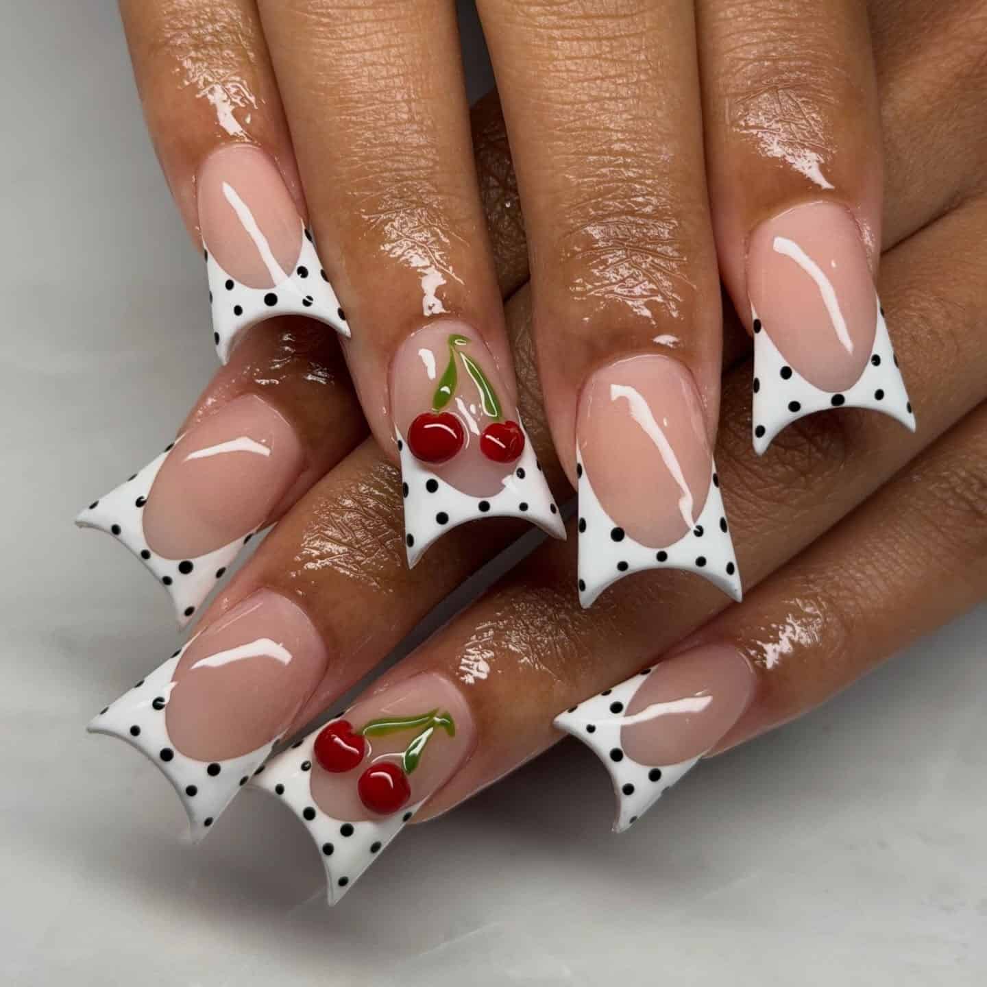 22. White and Black Polka Dot Cherry Duck Nails - duck nail ideas