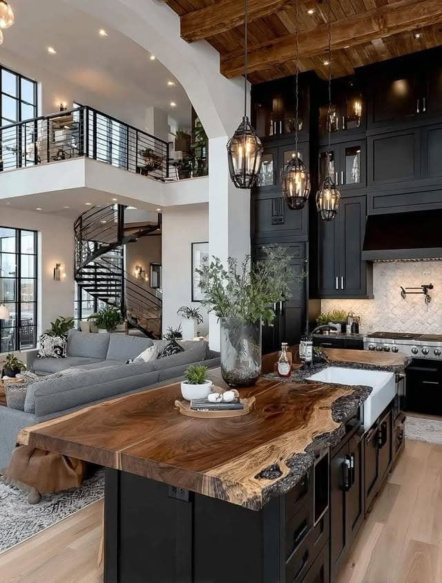 1. Rustic Black Kitchen with Natural Wood Island - black kitchen decor ideas