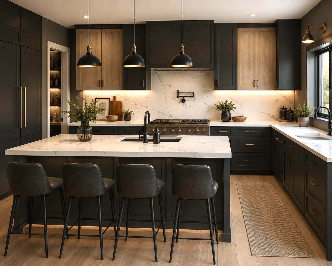 2. Modern Black and Oak Kitchen with White Marble Countertops - black kitchen decor ideas