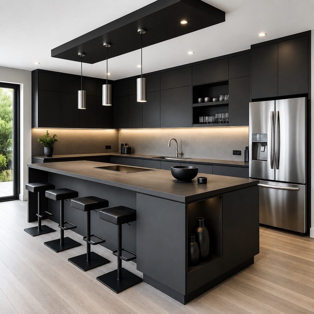 3. Minimalist Matte Black Kitchen with Stainless Steel Accents - black kitchen decor ideas