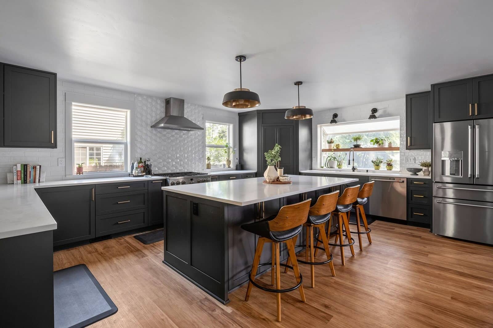 7. Contemporary Charcoal Black Kitchen with White Tile Backsplash - black kitchen decor ideas