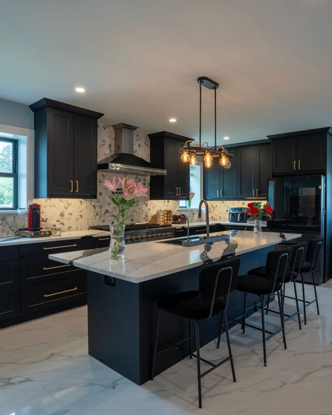 8. Luxury Black Kitchen with White Marble Island - black kitchen decor ideas