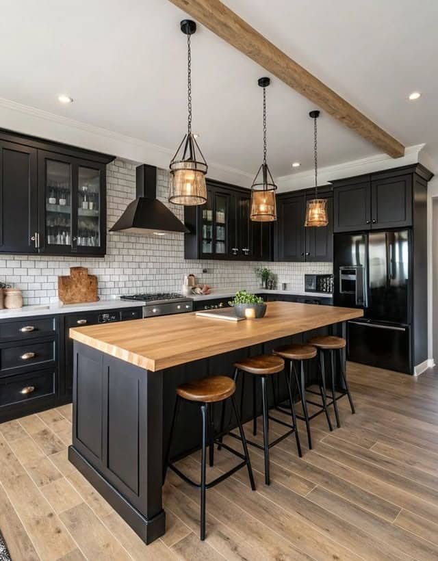 9. Industrial Farmhouse Black Kitchen with Butcher Block Island - black kitchen decor ideas
