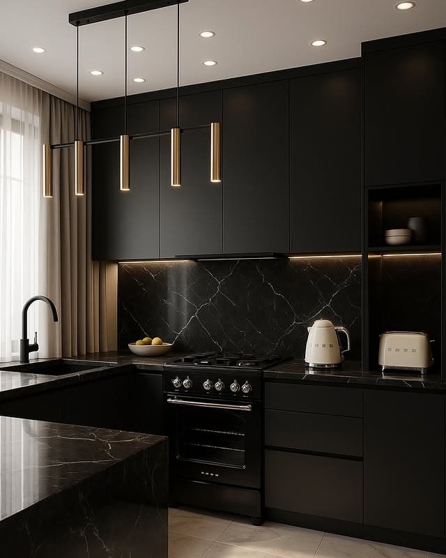12. Luxury Matte Black Kitchen with Black Marble Accents - black kitchen decor ideas