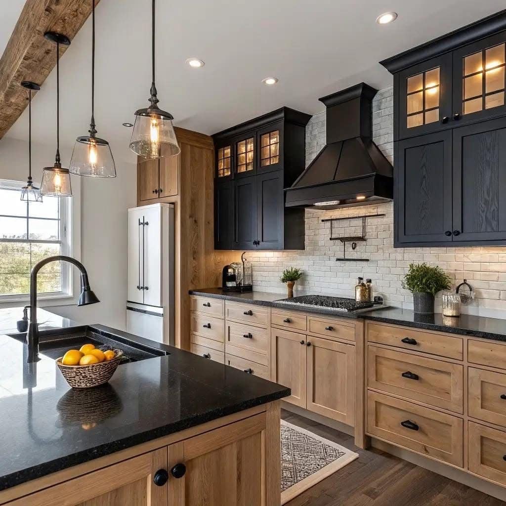 13. Rustic Black and Natural Oak Kitchen with Glass Pendant Lights - black kitchen decor ideas