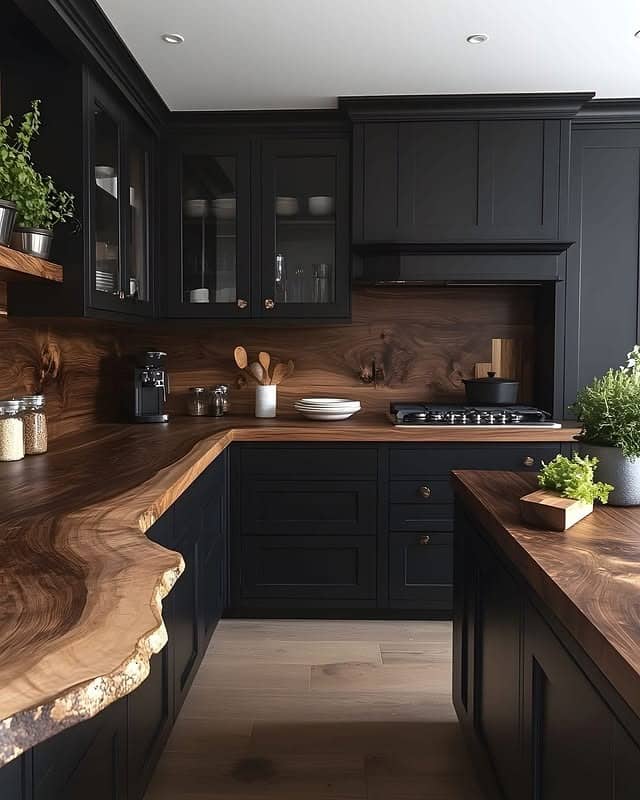 14. Elegant Black Kitchen with Live-Edge Walnut Countertops - black kitchen decor ideas