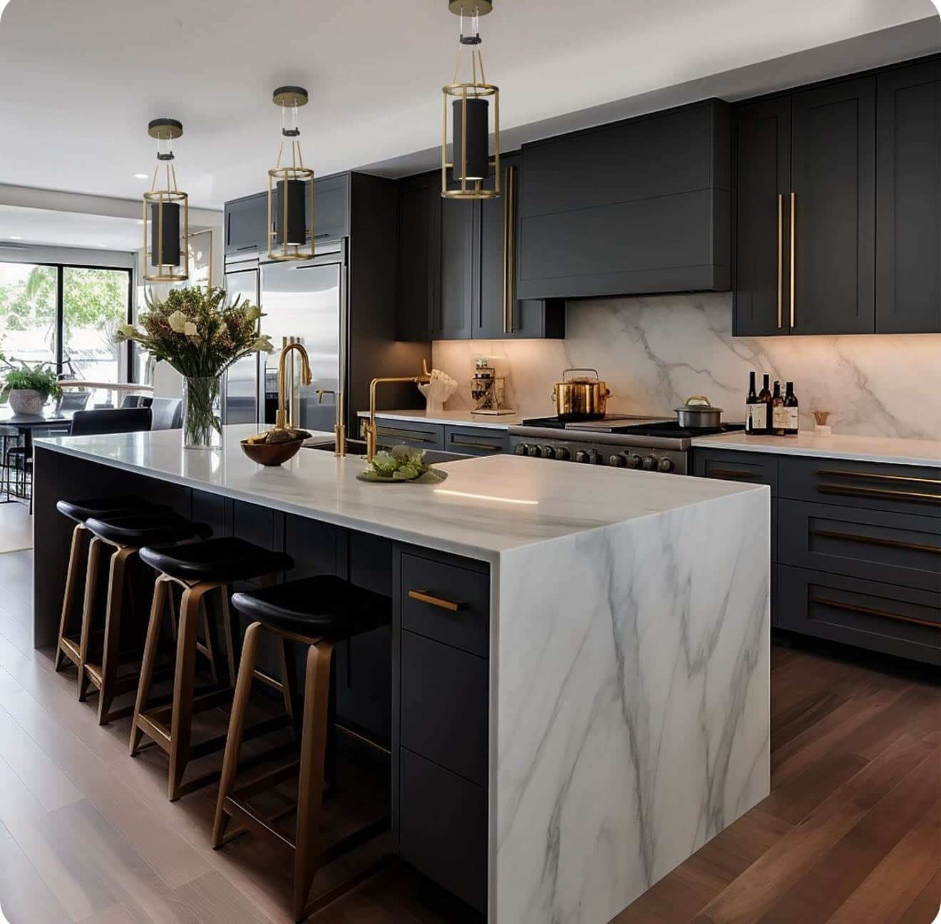 15. Contemporary Black and Gold Kitchen with Waterfall Marble Island - black kitchen decor ideas