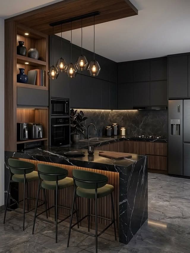 16. Modern Black and Walnut Kitchen with Green Bar Stools - black kitchen decor ideas