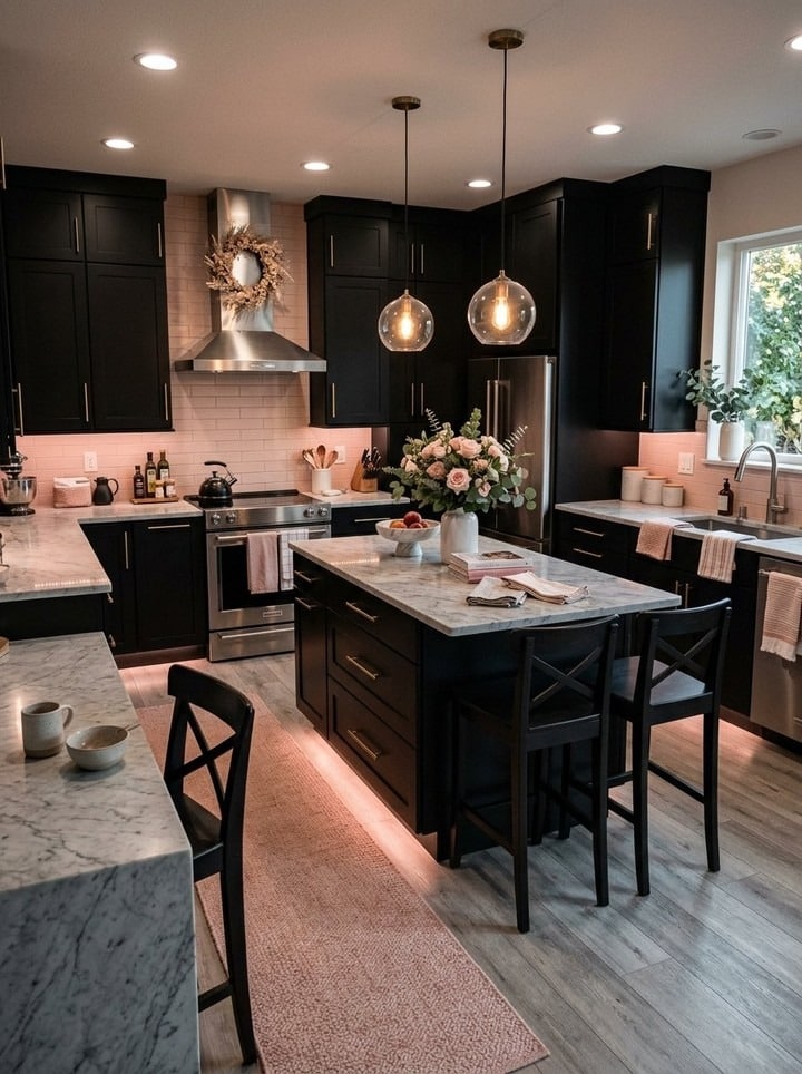 17. Cozy Black Kitchen with Blush Pink Backsplash and Marble Island - black kitchen decor ideas