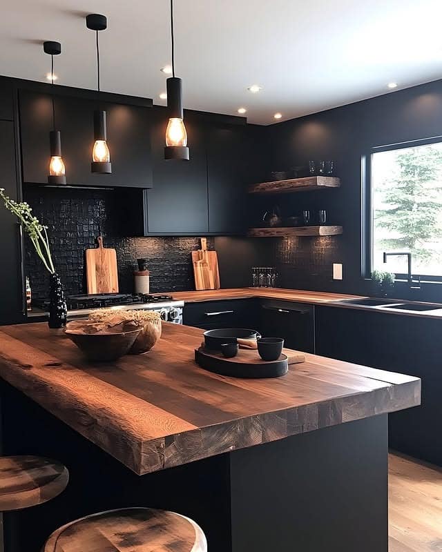 22. Modern Matte Black Kitchen with Rustic Wood Island - black kitchen decor ideas