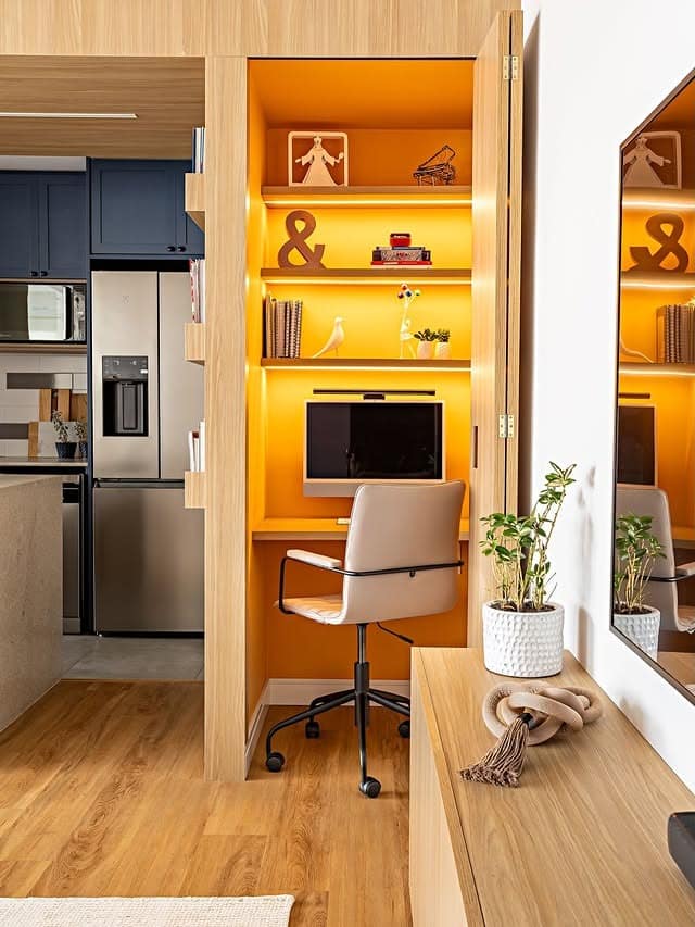 1. Warm Orange and Natural Wood Closet Office Idea - closet office ideas