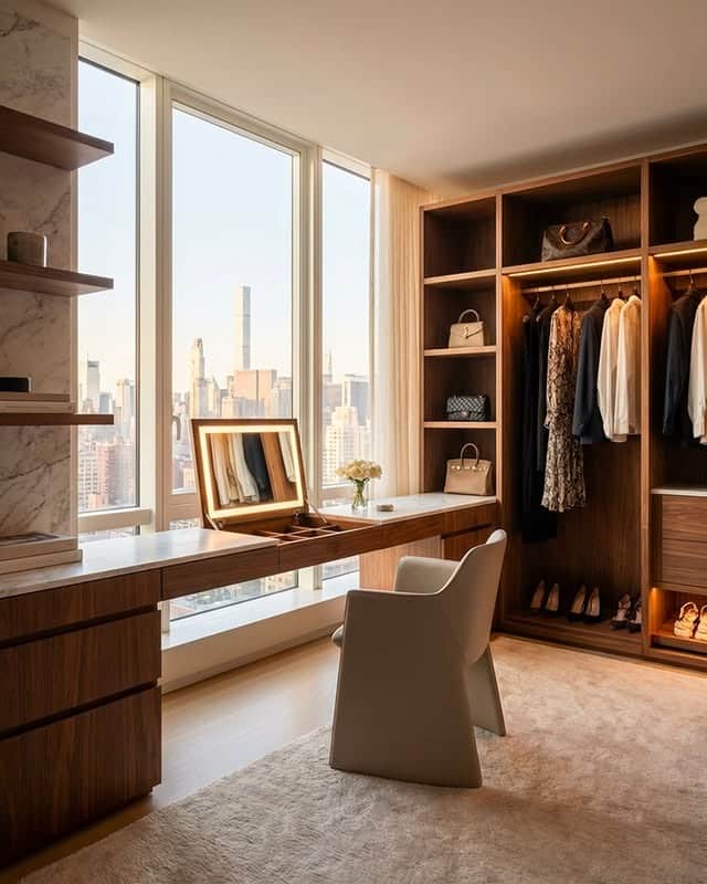 2. Rich Walnut Brown and Cream Luxury Closet Office Idea - closet office ideas