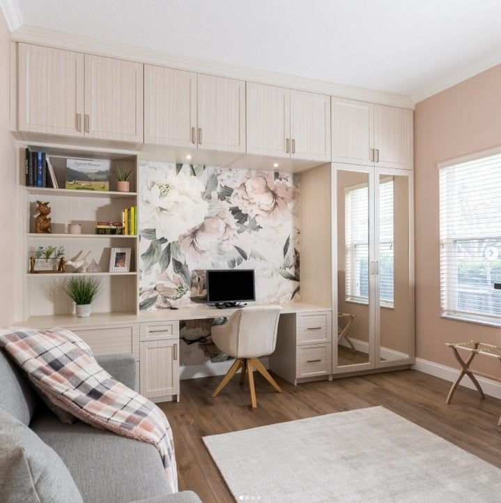 4. Soft Blush Pink and Ivory Floral Closet Office Idea - closet office ideas
