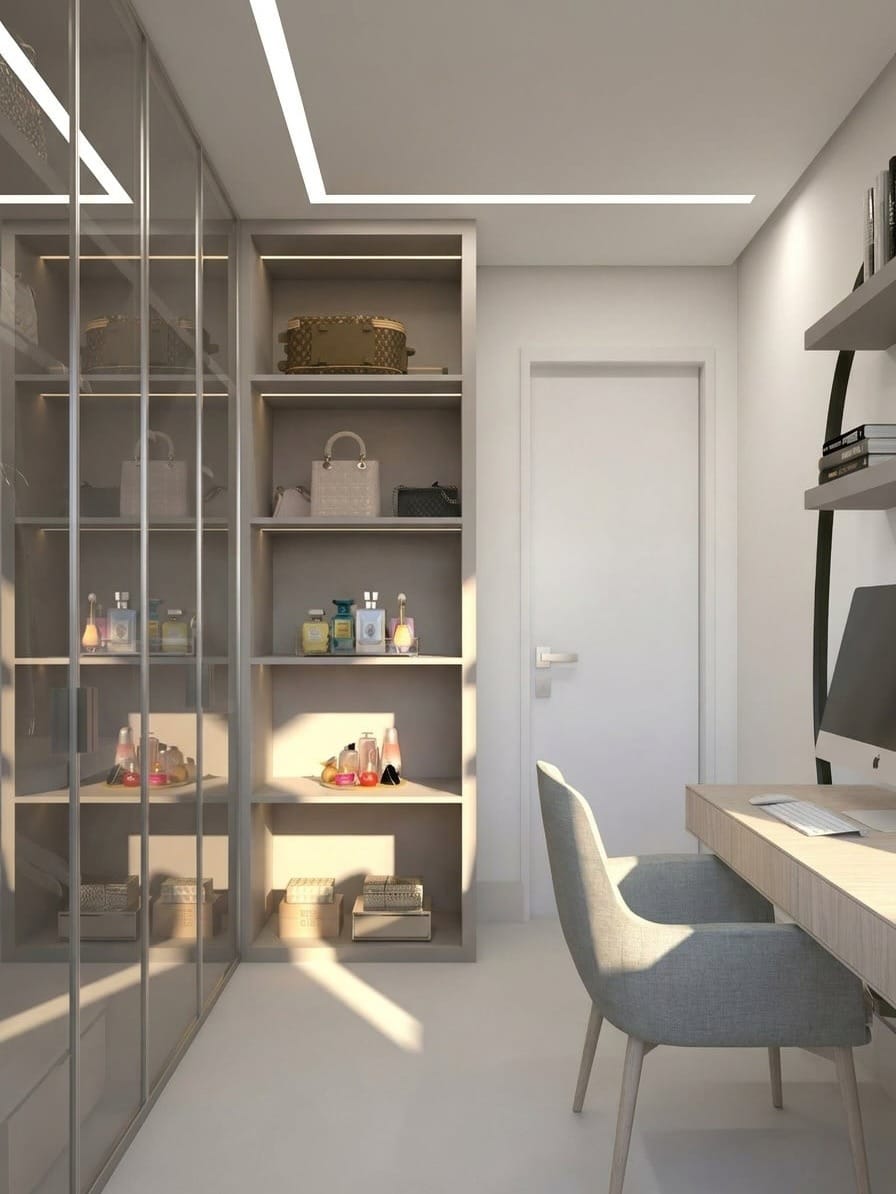 5. Elegant Greige and Light Oak Modern Closet Office Idea - closet office ideas