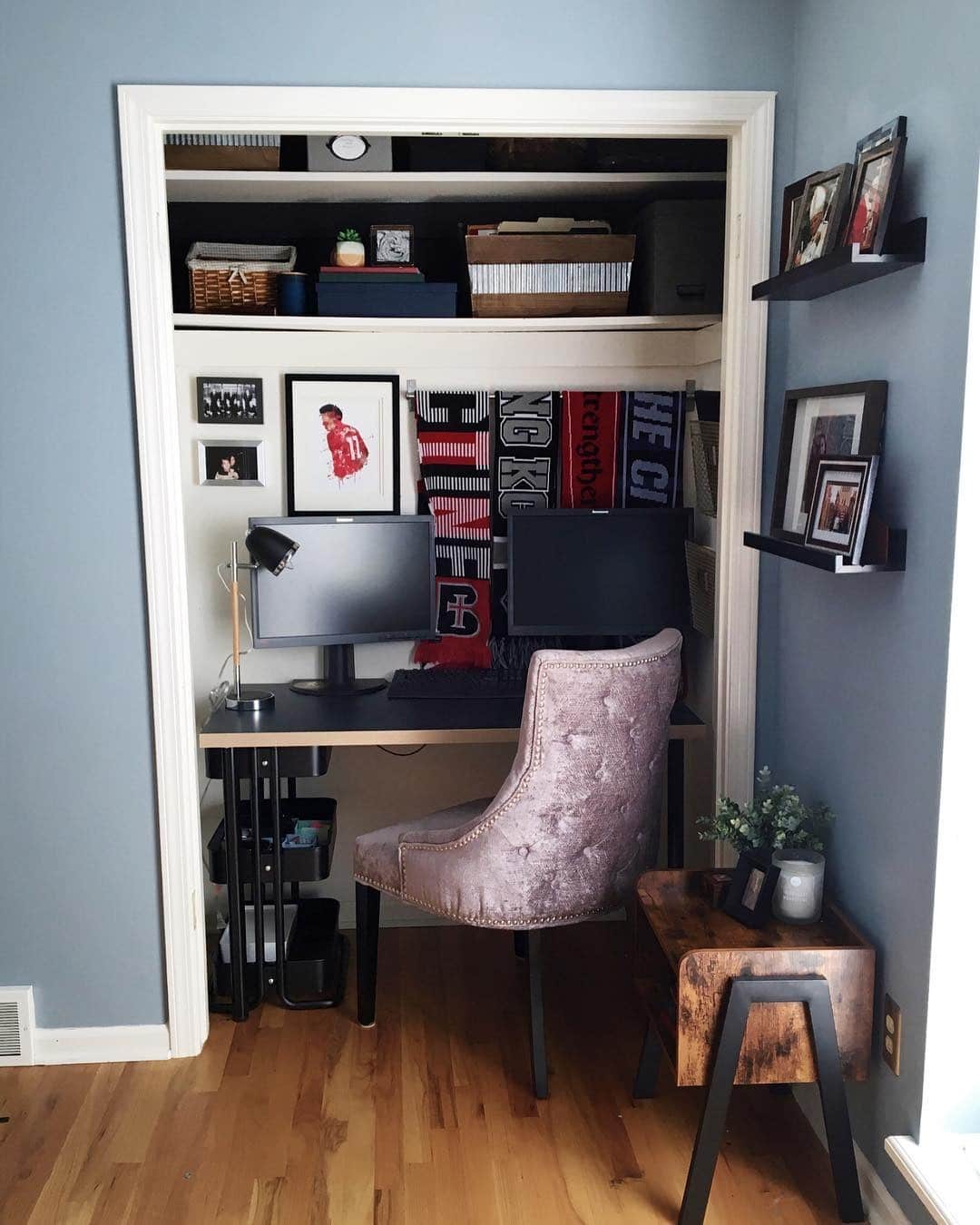 6. Dusty Blue and Black Cozy Closet Office Idea - closet office ideas