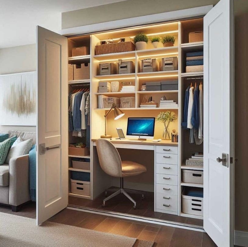 7. Warm White and Beige Illuminated Closet Office Idea - closet office ideas