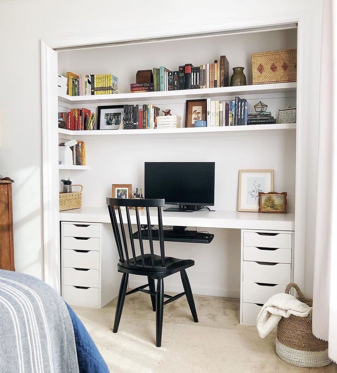 8. Classic White and Black Minimalist Closet Office Idea - closet office ideas