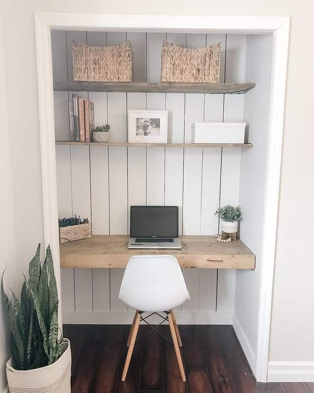 9. Natural Oak and Soft White Farmhouse Closet Office Idea - closet office ideas