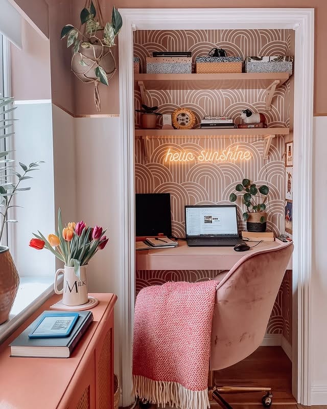 10. Dusty Rose and Terracotta Pink Creative Closet Office Idea - closet office ideas