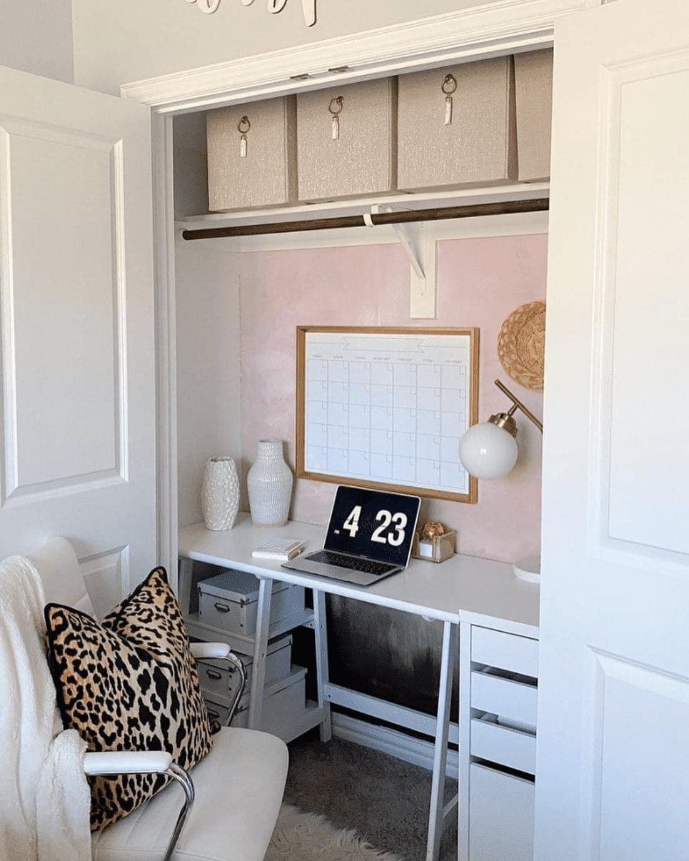 11. Soft Blush Pink and White Chic Closet Office Idea - closet office ideas