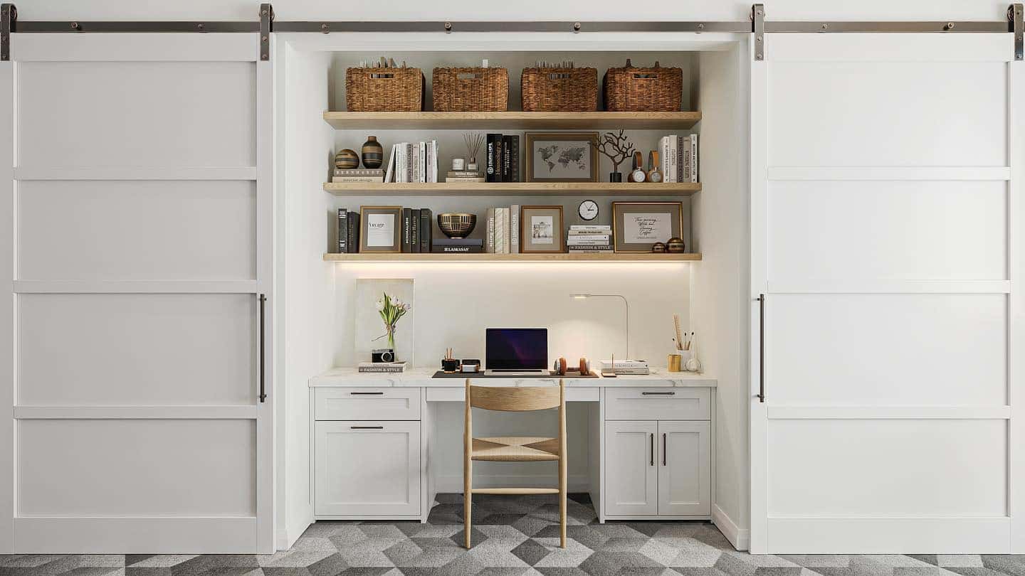 12. Classic White and Natural Oak Sliding Door Closet Office Idea - closet office ideas