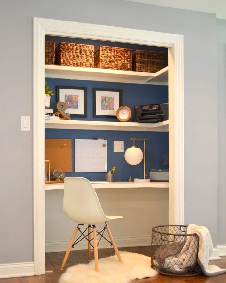 13. Deep Navy Blue and White Modern Closet Office Idea - closet office ideas