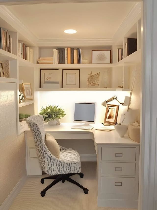 14. Elegant Ivory and Cream Built-In Closet Office Idea - closet office ideas