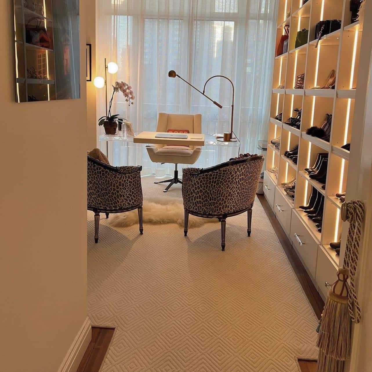 15. Warm Beige and Cream Luxury Walk-In Closet Office Idea - closet office ideas