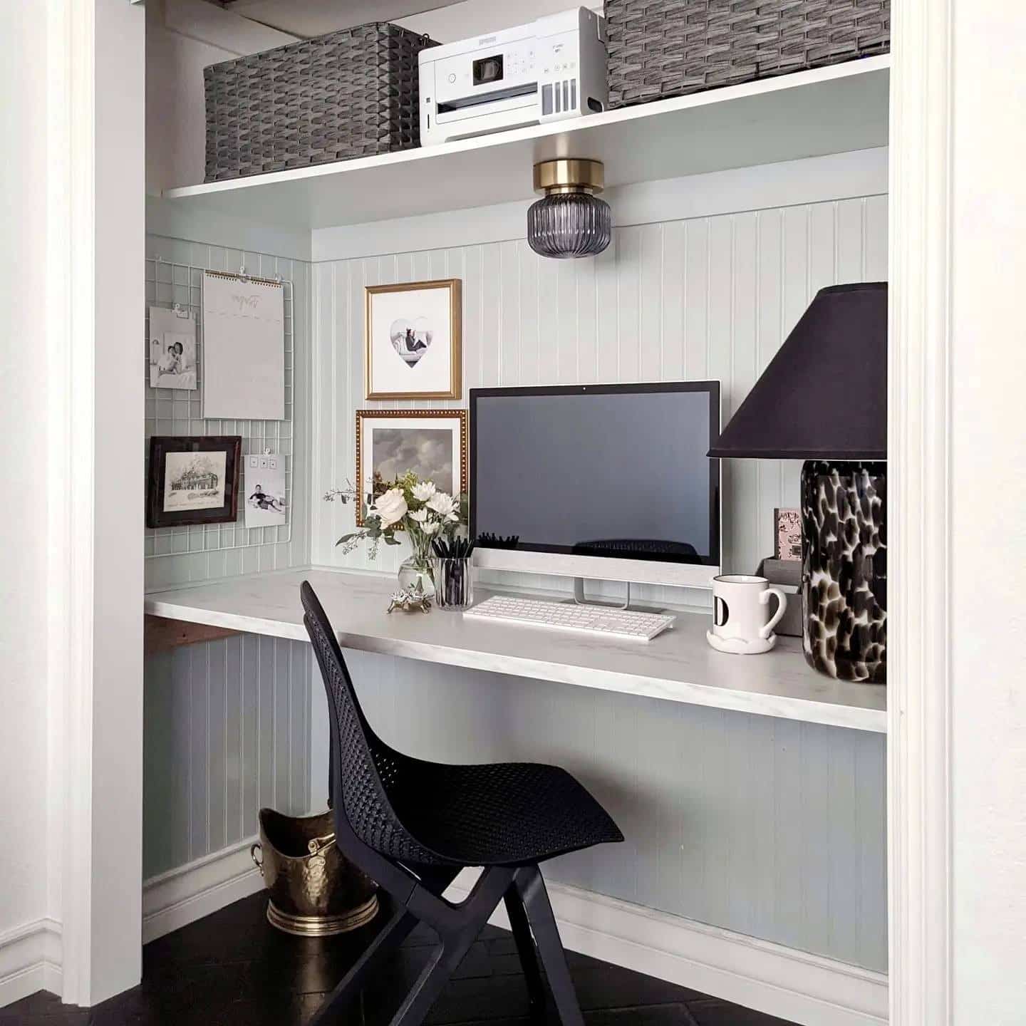 16. Soft Gray and White Contemporary Closet Office Idea - closet office ideas